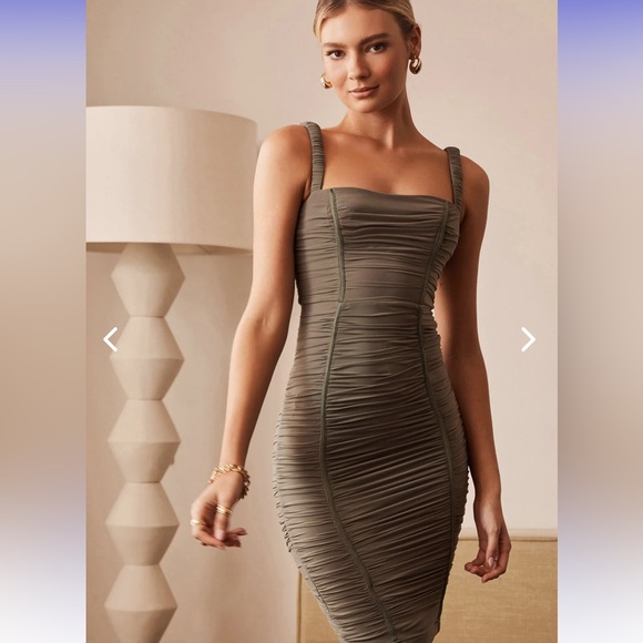 Selfie Leslie square neckline, ruched body on dress in olive - Picture 1 of 5